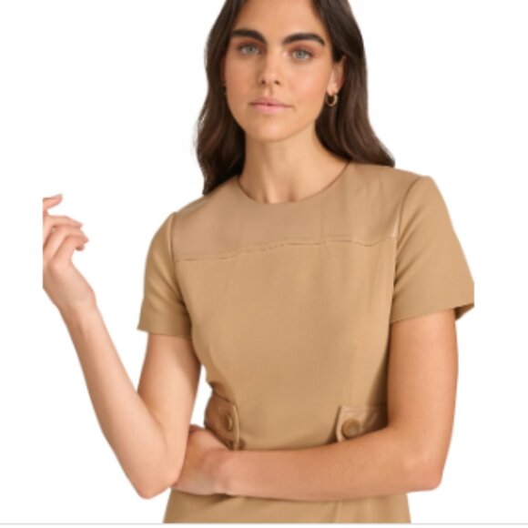 Calvin Klein Women's Faux-Leather-Trim a-Line Dress - Tiger Eye - Picture 2 of 4